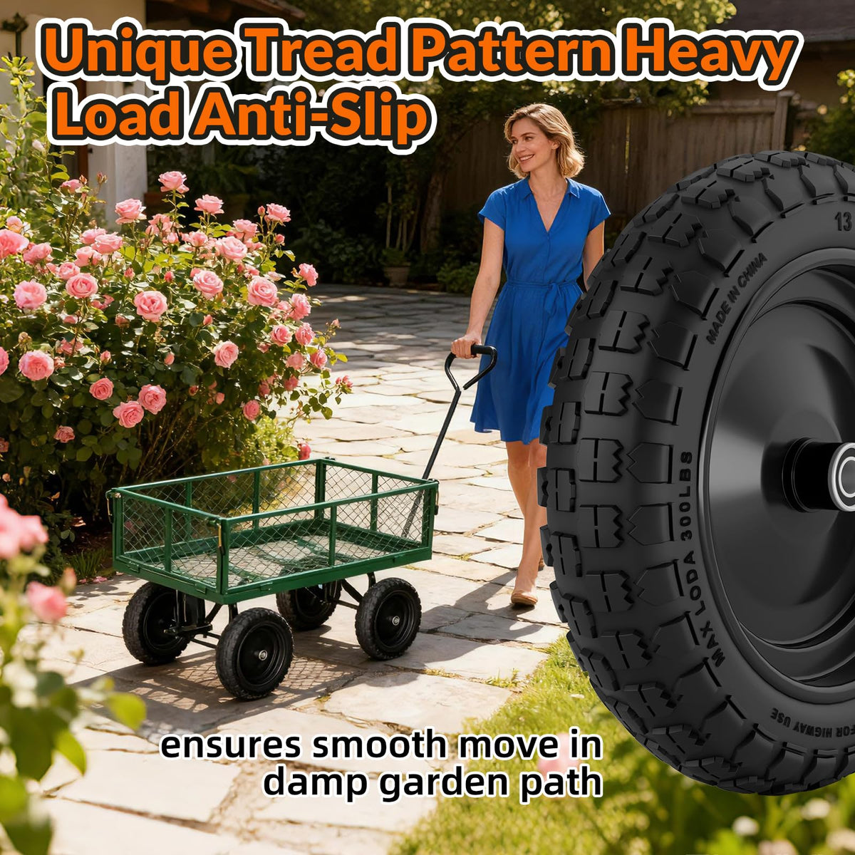 RONPOW wide tread pattern delivers reliable traction on pavements gravel and grass