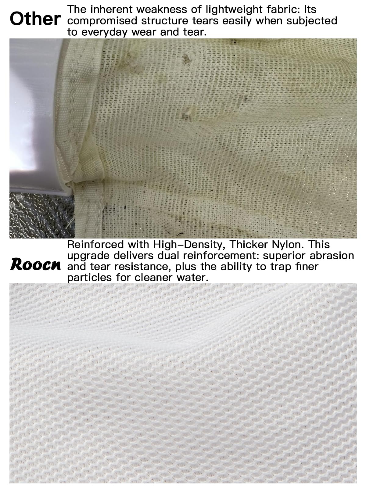 Roocn heavy-duty nylon mesh delivers long-lasting performance in outdoor pool cleaning.