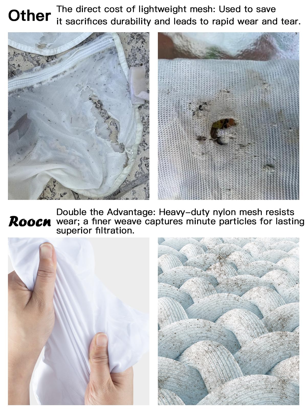 Roocn filter bag highlights easy zip opening for fast debris removal.
