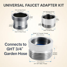ROOGSIH three-piece adapter set laid out for kitchen, bathroom, and shower connections