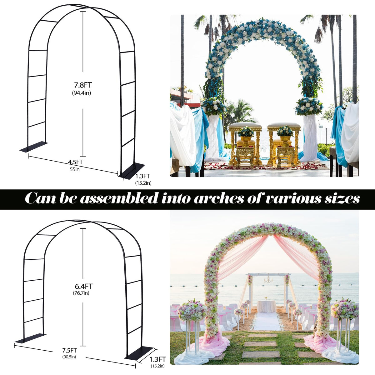 ROOLLYA garden arch assembled at 4.6x7.8 ft for a flexible event backdrop.