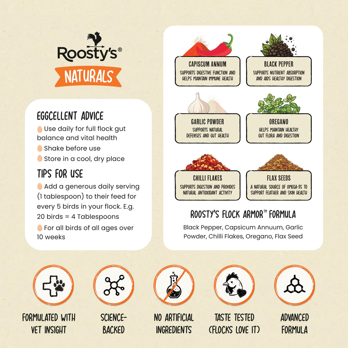 Healthy-looking hens pecking balanced feed with Roosty's Flock Armor