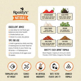 Healthy-looking hens pecking balanced feed with Roosty's Flock Armor