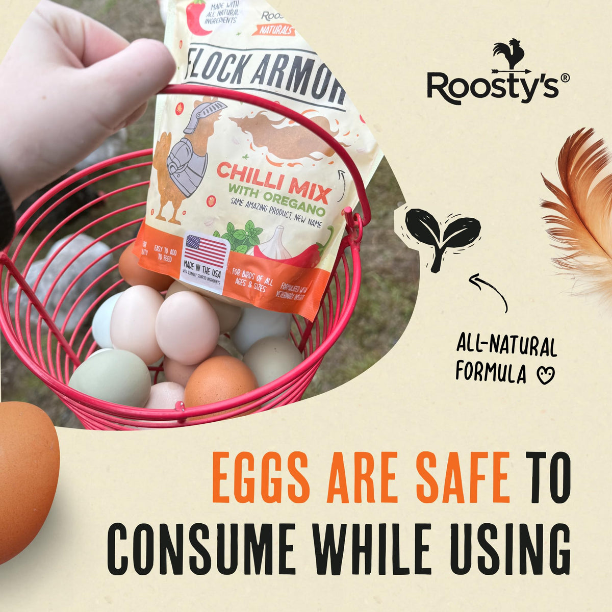 Roosty's Flock Armor label close-up—US-made natural formula