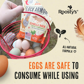 Roosty's Flock Armor label close-up—US-made natural formula