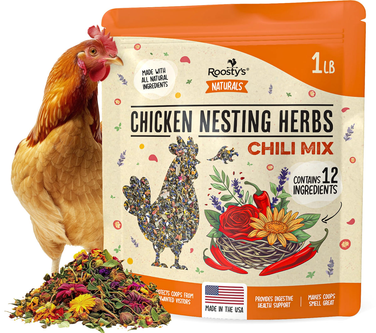 Roosty's Naturals Chili Mix packaging shown for convenient coop refreshment