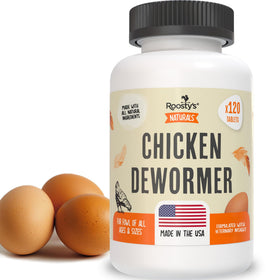Roosty's Naturals De-Wormer bottle pour for easy dosing in chickens.