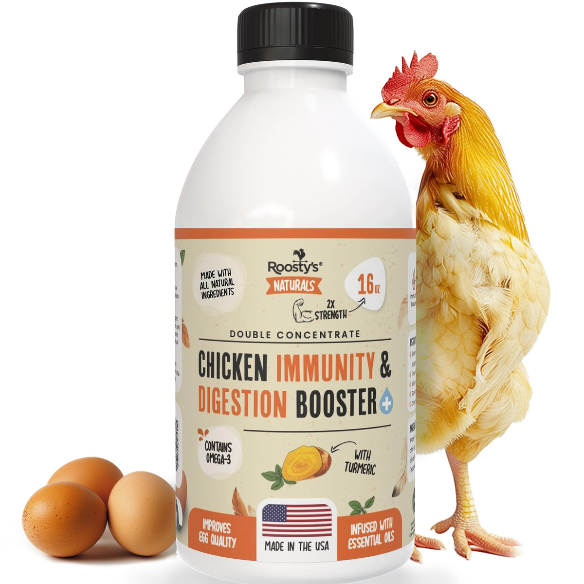 Roosty's Naturals Immunity Digestion Booster bottle supports immune health in chickens.