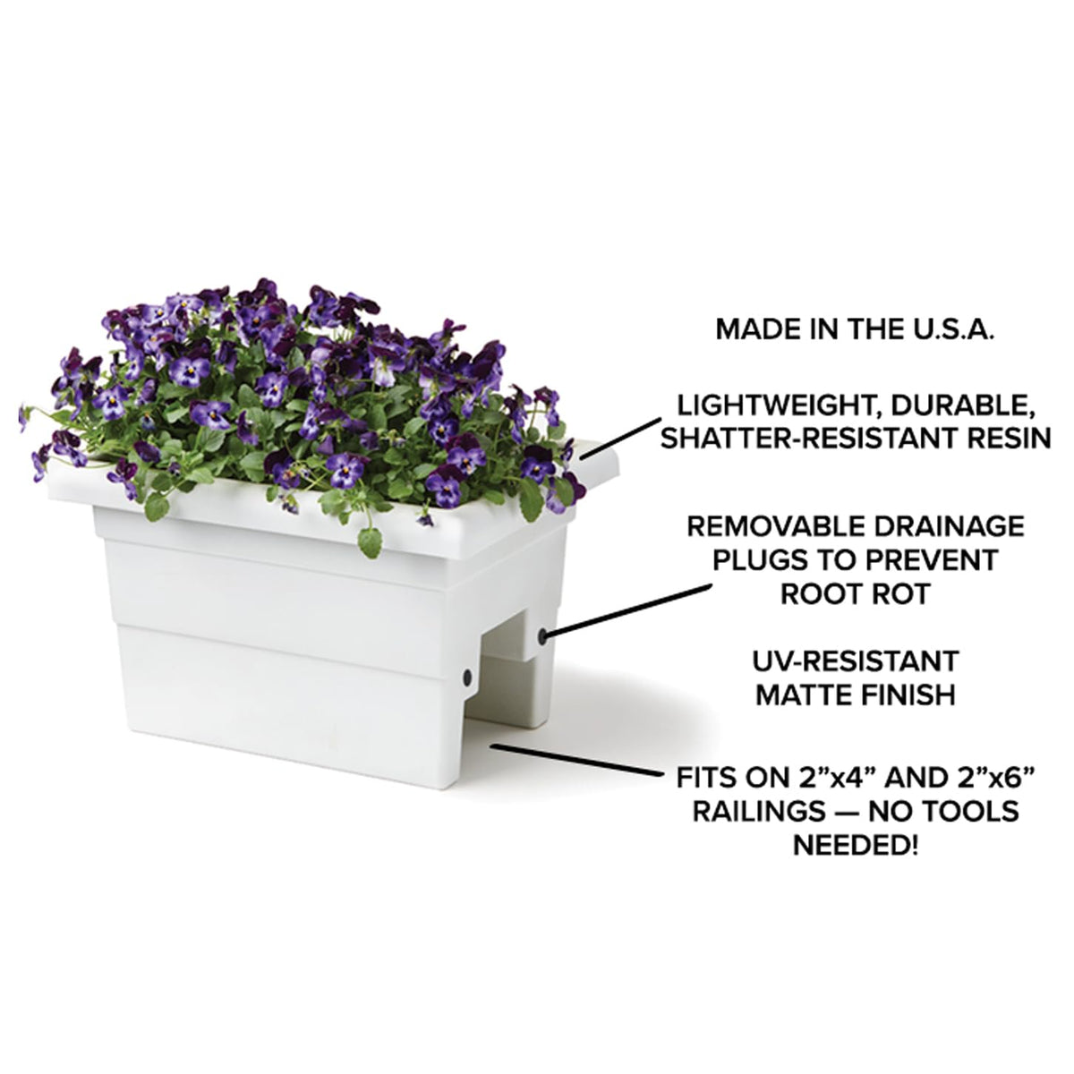 Root & Vessel Countryside Rail Planter Terra 24 removable drainage plugs for moisture control