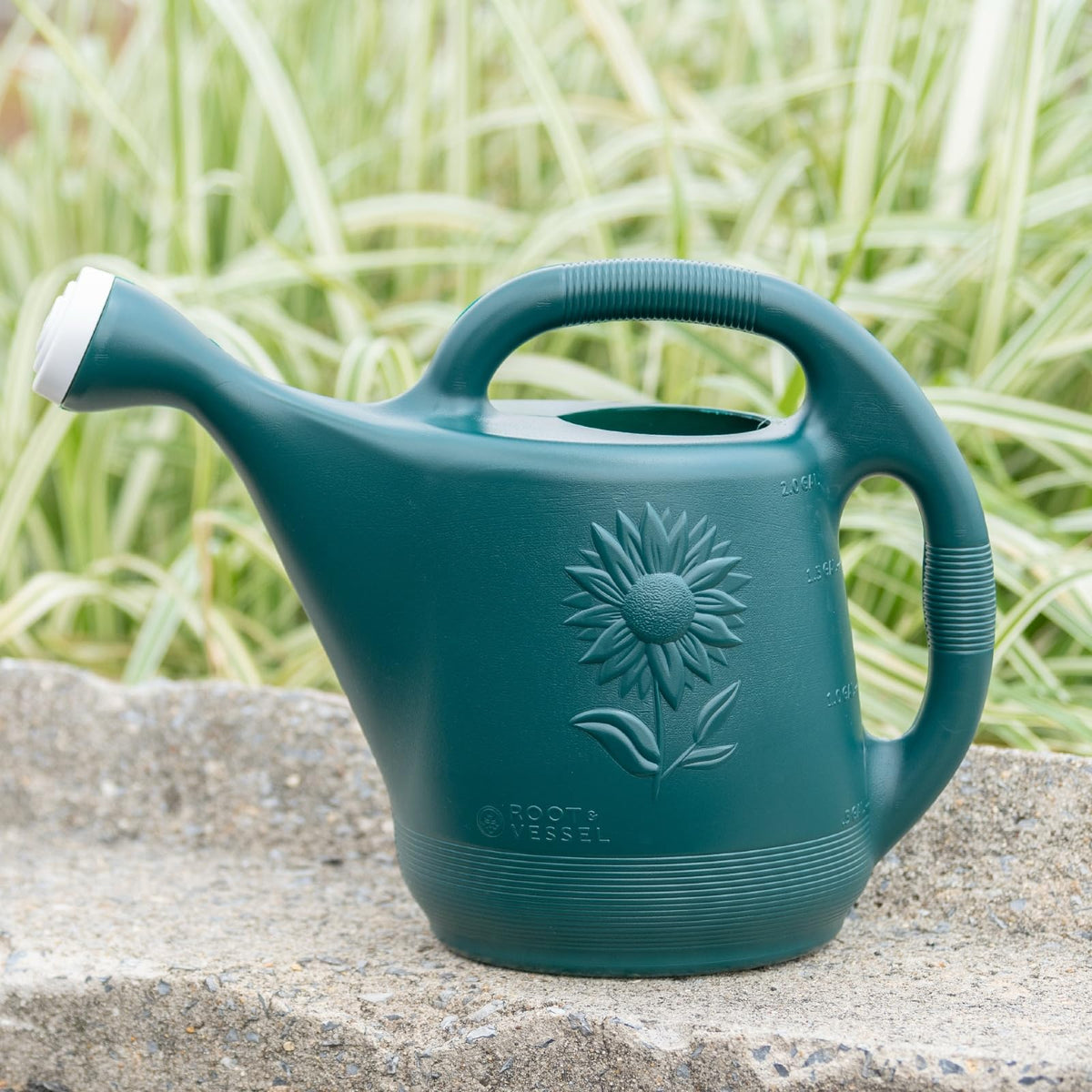 Root & Vessel 2-Gallon watering can, side view, UV-resistant plastic handle for precise watering