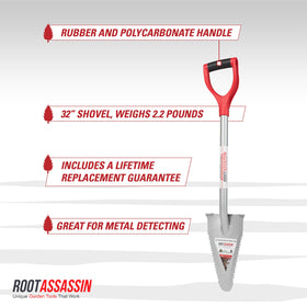 Root Assassin D shaped rubber coated handle provides comfortable grip during digging