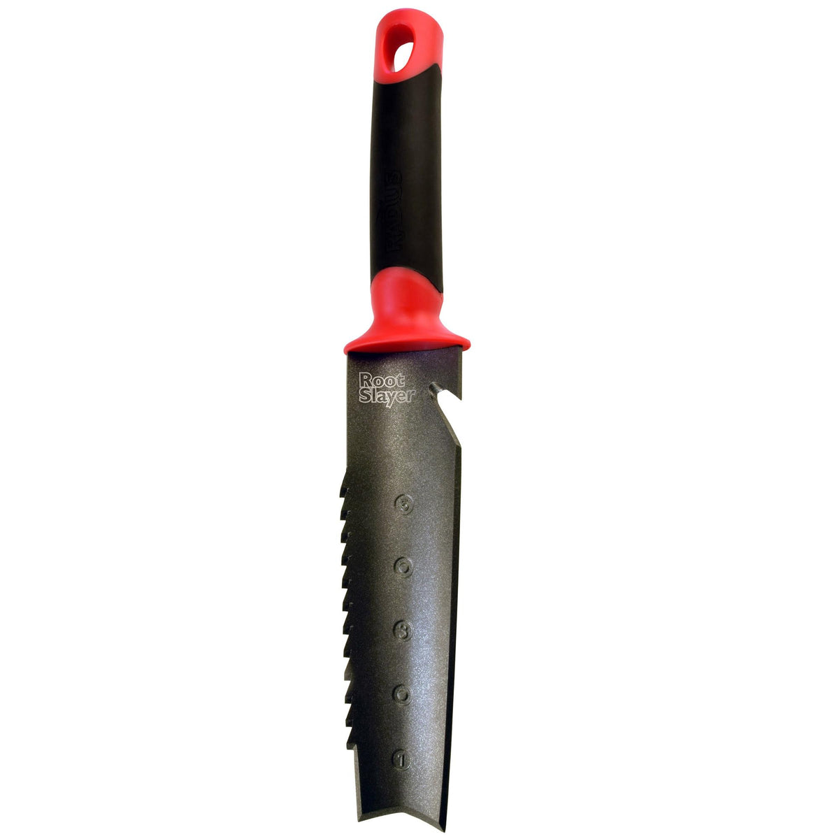 Root Slayer 16211 serrated blade for cutting through roots in dense soil.