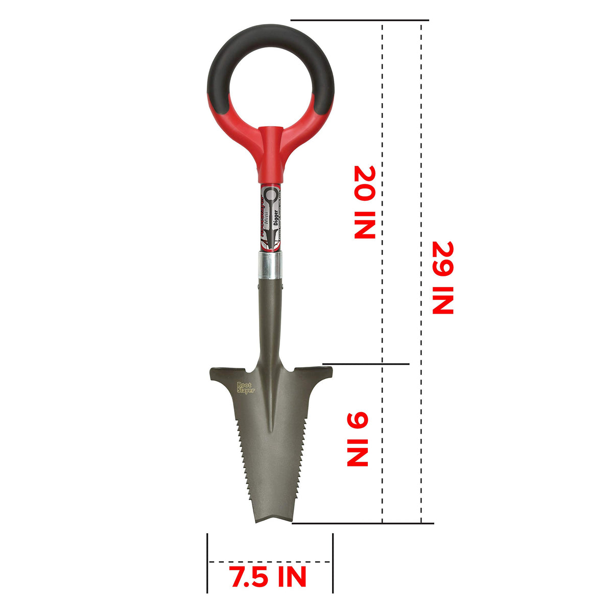 Root Slayer 22411 mini digger shows inverted V tip slicing through dense soil