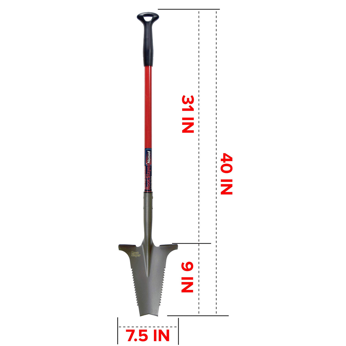 Root Slayer Nomad compact serrated blade highlights efficient digging through tough soil.