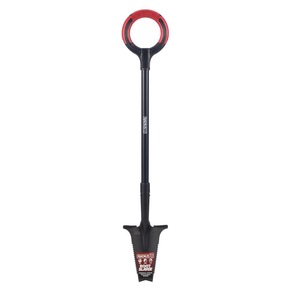 Root Slayer RS233 serrated blade digs through soil for precise perennial planting.