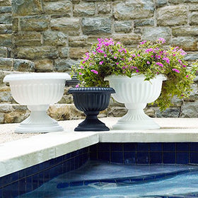 Root & Vessel Grecian Urn Planter shows drainage holes option
