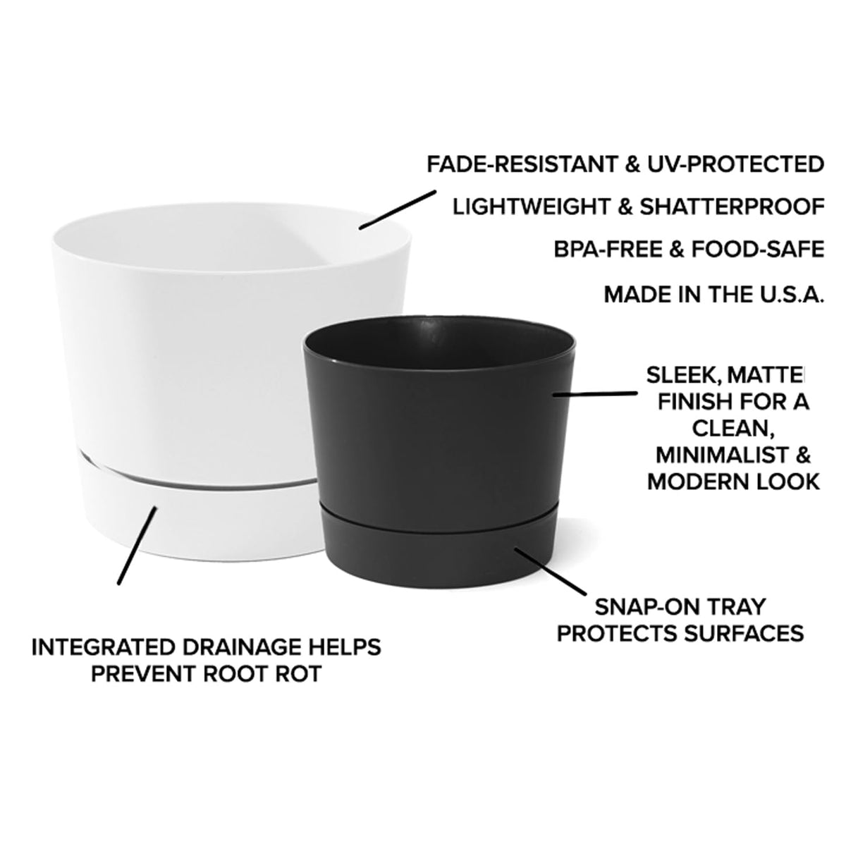 Root & Vessel Majestic MCM pot, suitable for decks or patios, reduces water mess.