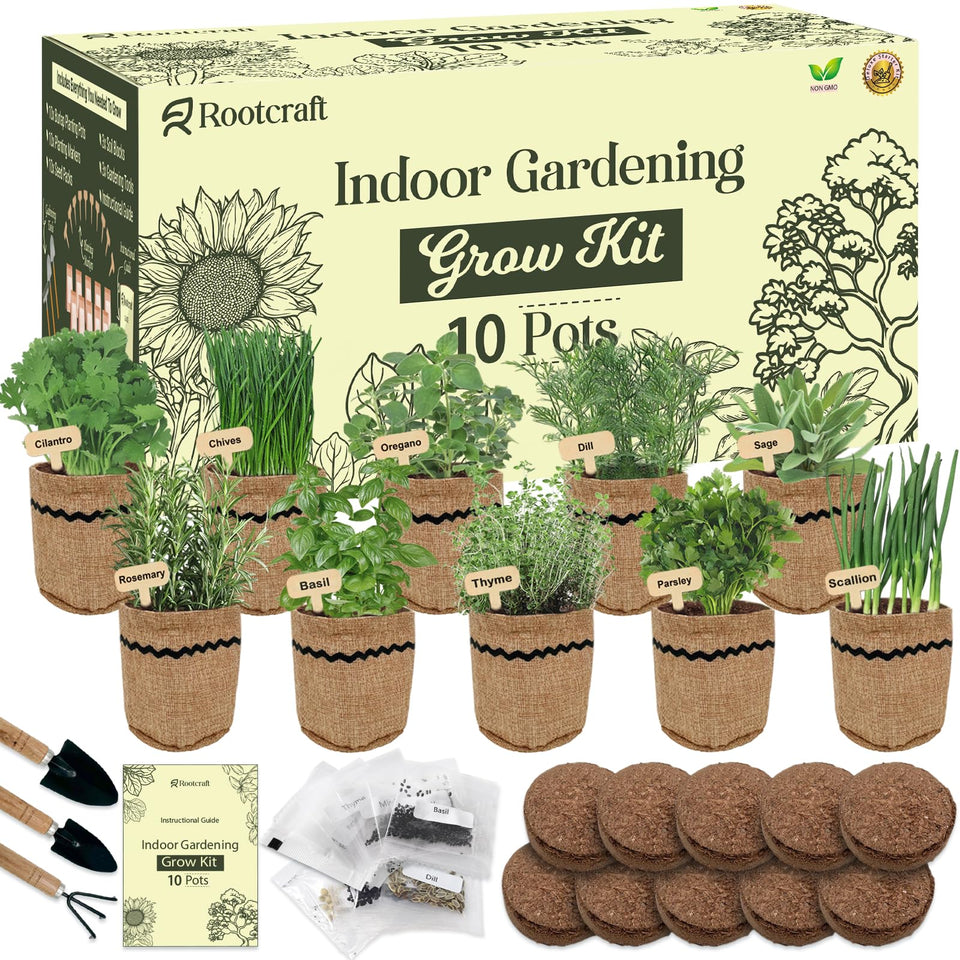 ROOTCRAFT 10-herb-kit front view for beginner indoor gardening, easy setup