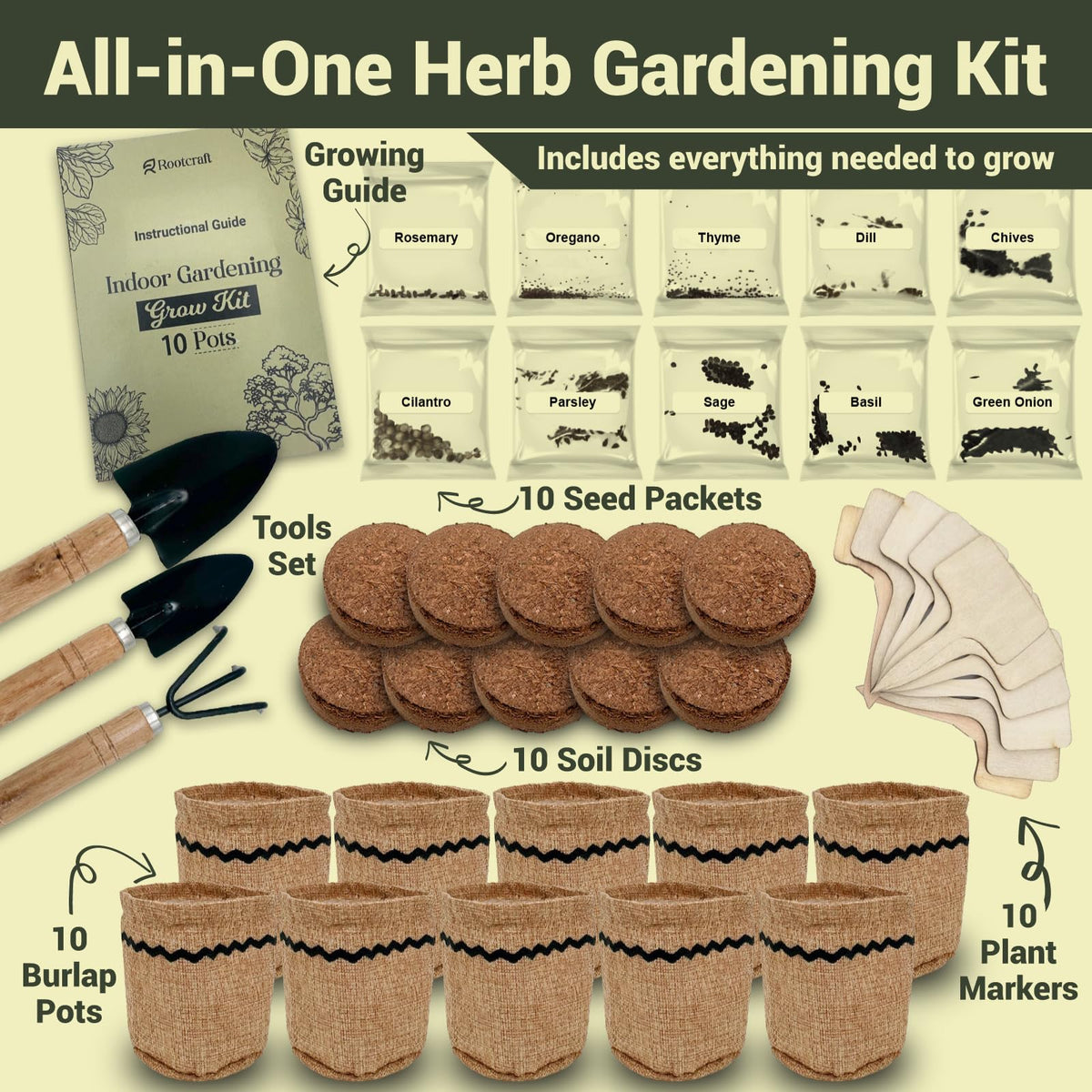 ROOTCRAFT burlap pots and markers set for neat herb labeling