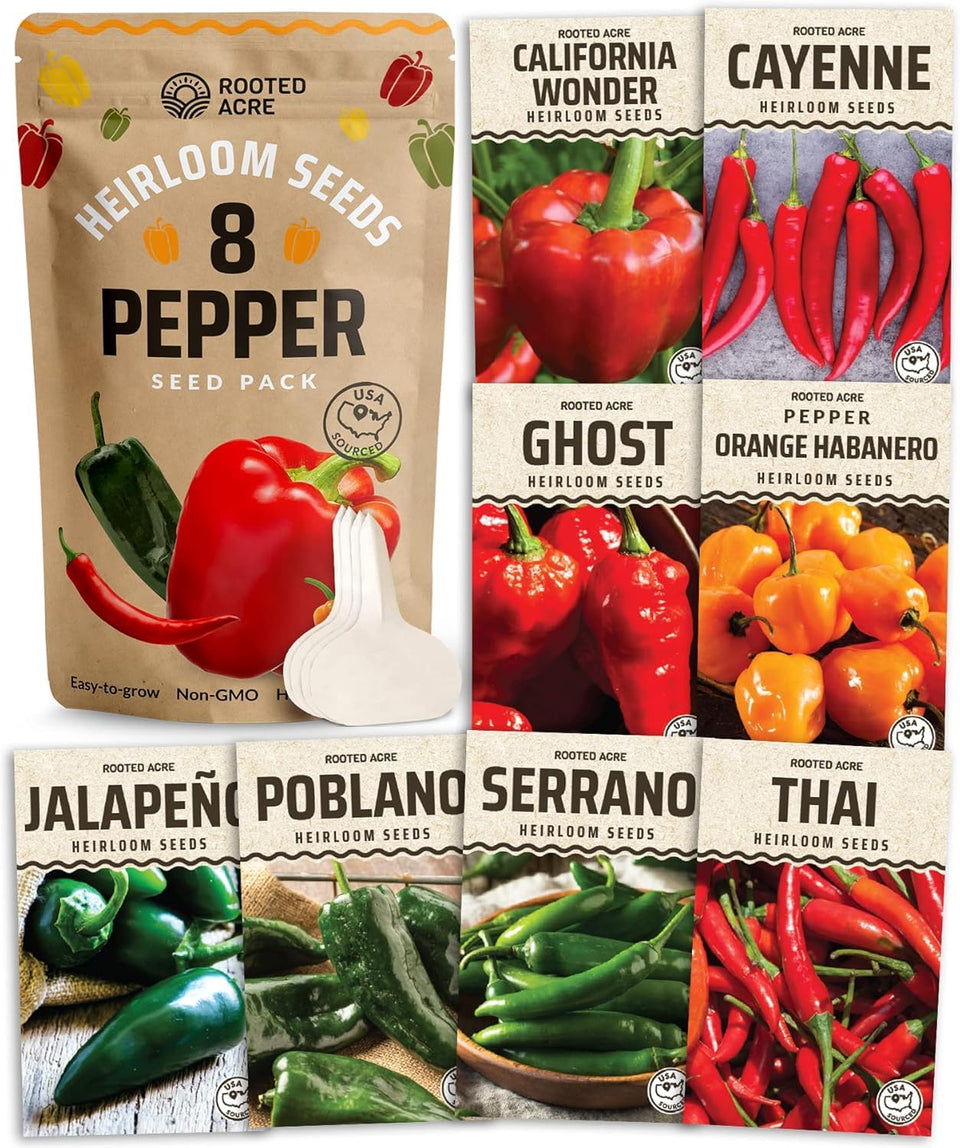 Rooted Acre 8 Varieties pepper seeds pack for home gardeners