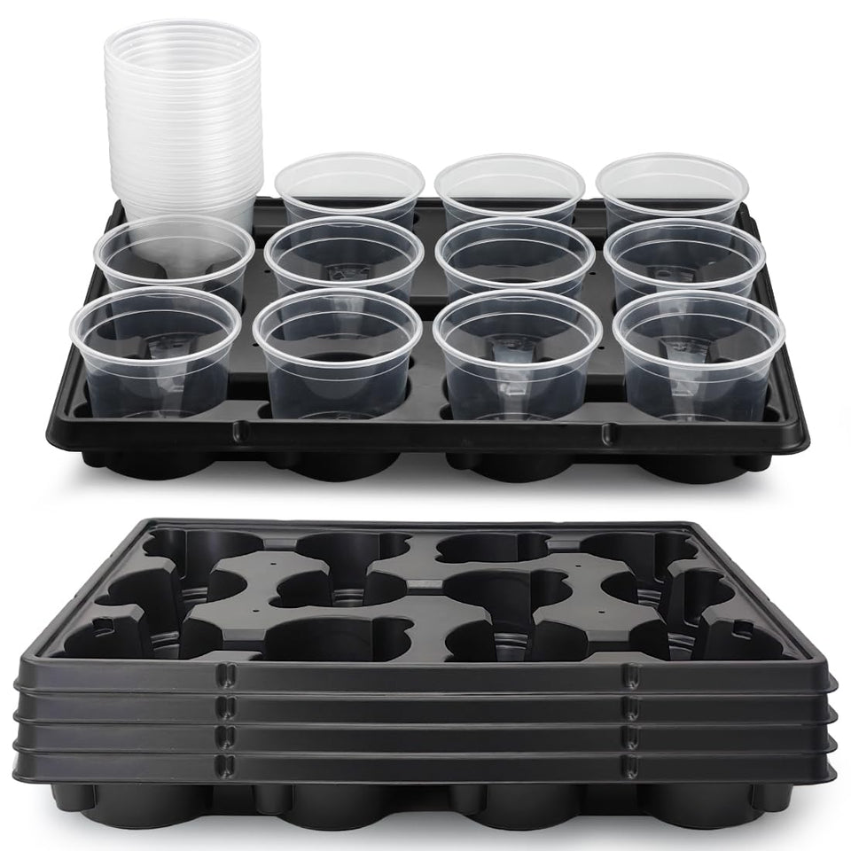 RooTrimmer 12-cell tray with 4-inch pots for organized seed starting and transport.