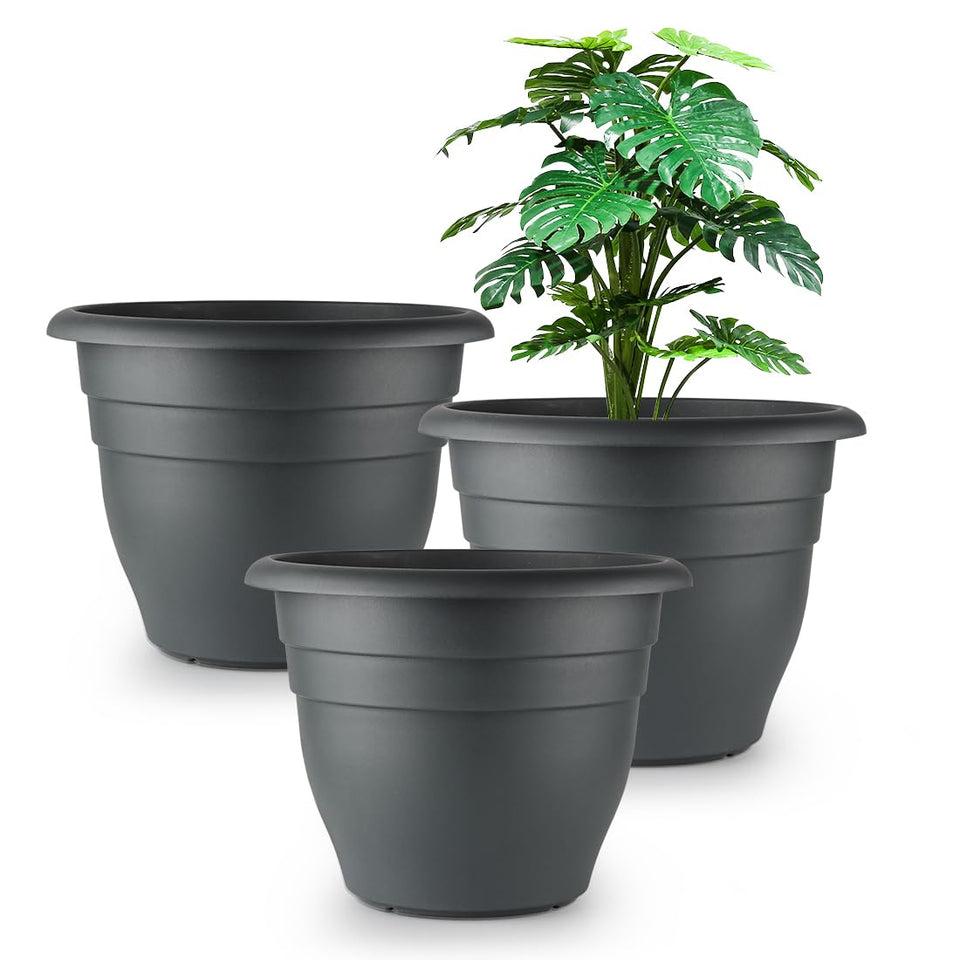 RooTrimmer 12-inch gray plant pot with drainage holes, ideal for outdoor use.