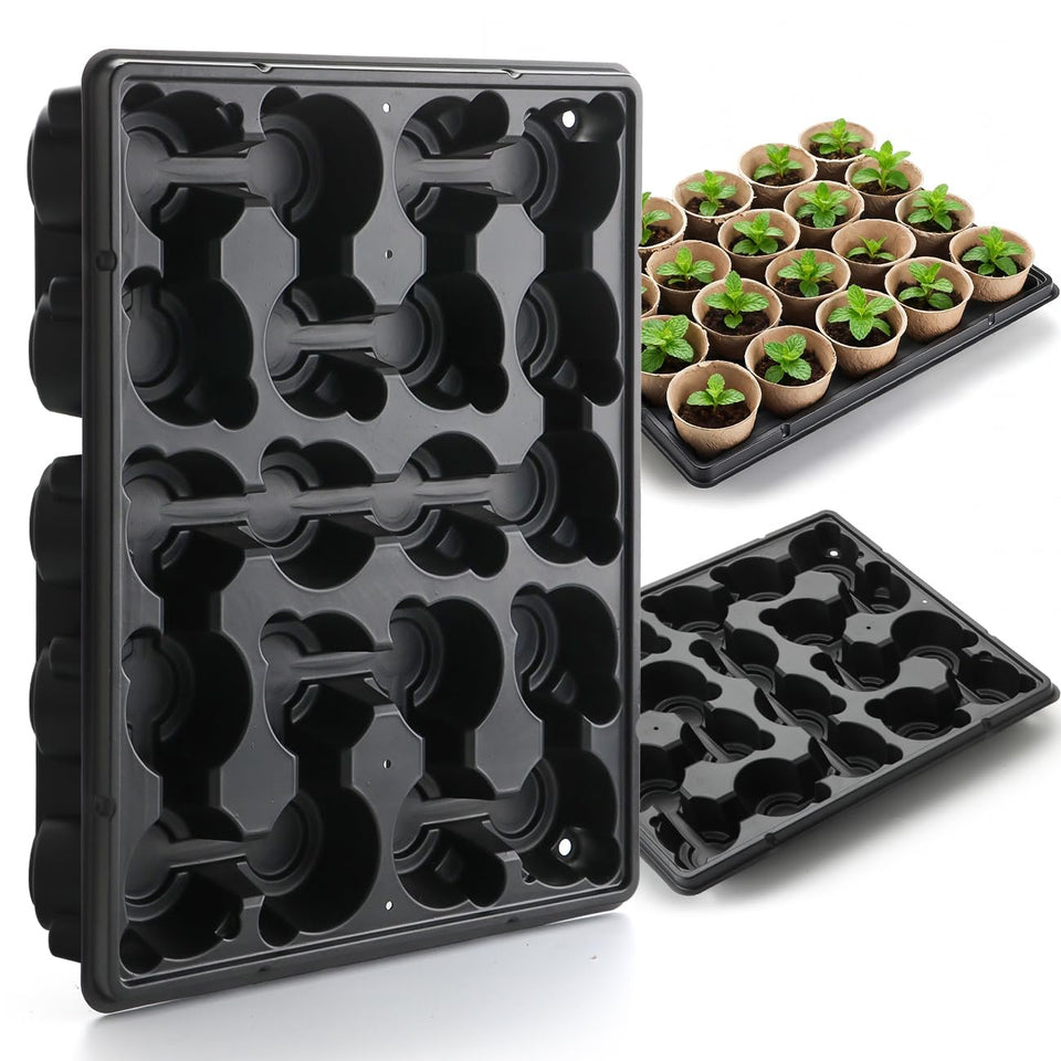 RooTrimmer 20-cell tray stack keeps pots neatly organized and saves workspace.