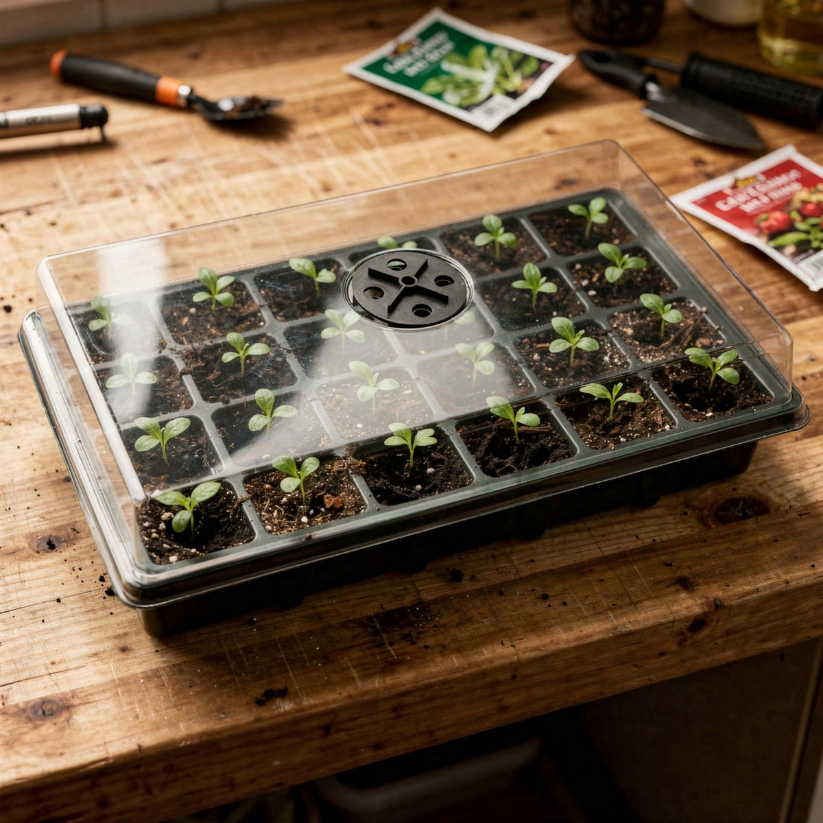 Compact greenhouse setup with RooTrimmer seed starting trays.