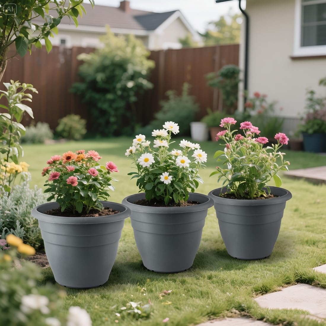 RooTrimmer 3-pack gray planters offer versatile options for flowers.