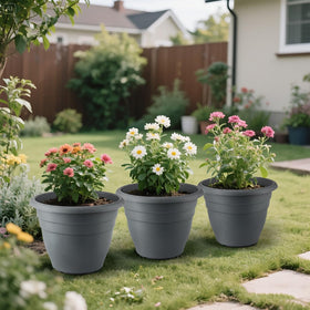 RooTrimmer 3-pack gray planters offer versatile options for flowers.