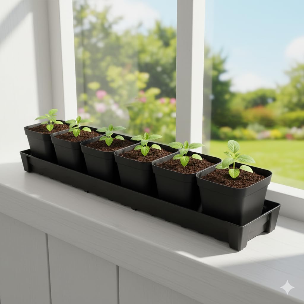 RooTrimmer black window sill saucer complements any indoor garden