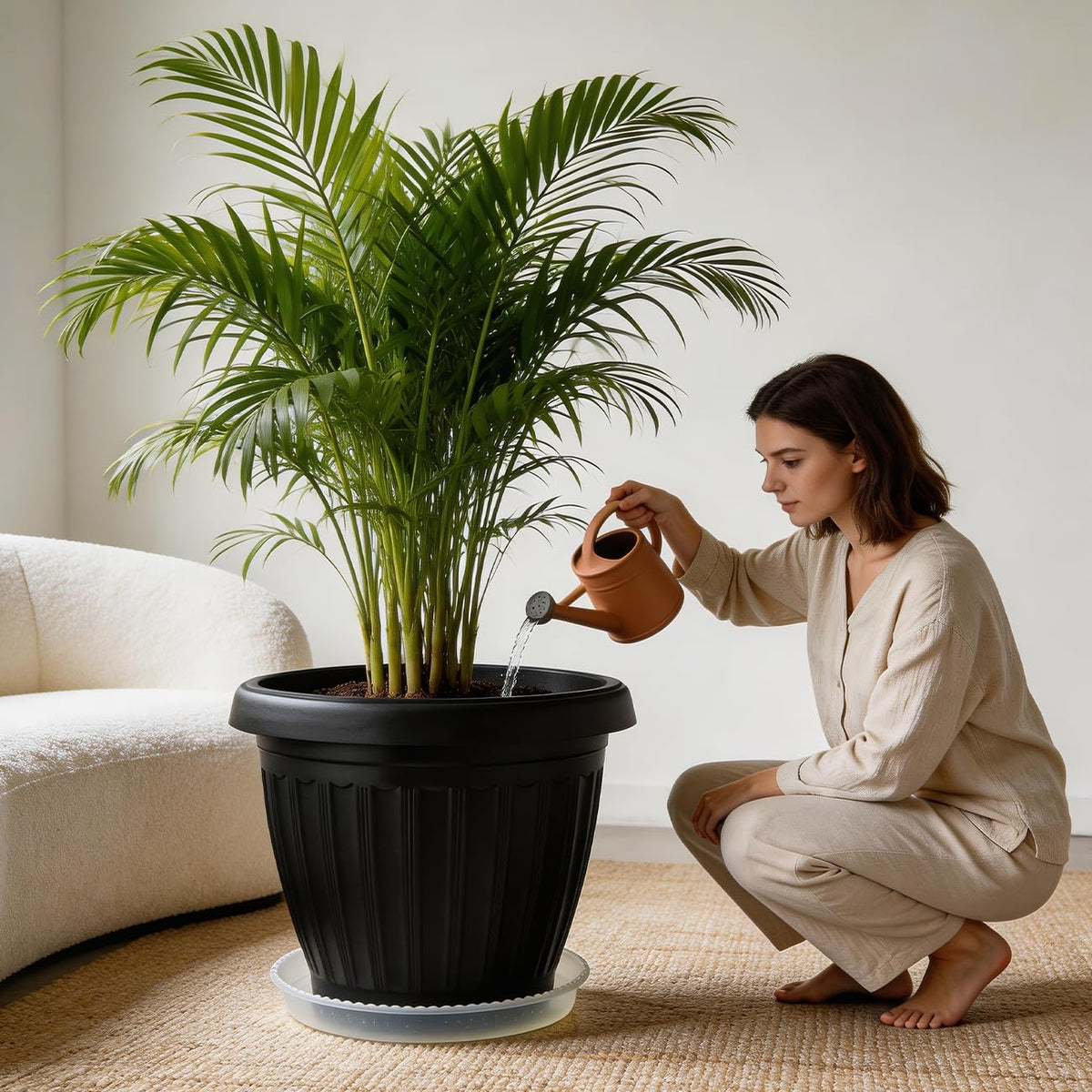 RooTrimmer clear saucer on patio protecting floors while showcasing plants