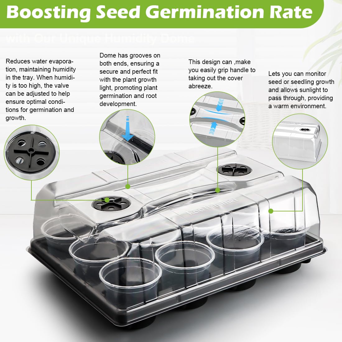 RooTrimmer dome with vent options helps maintain humidity for successful germination