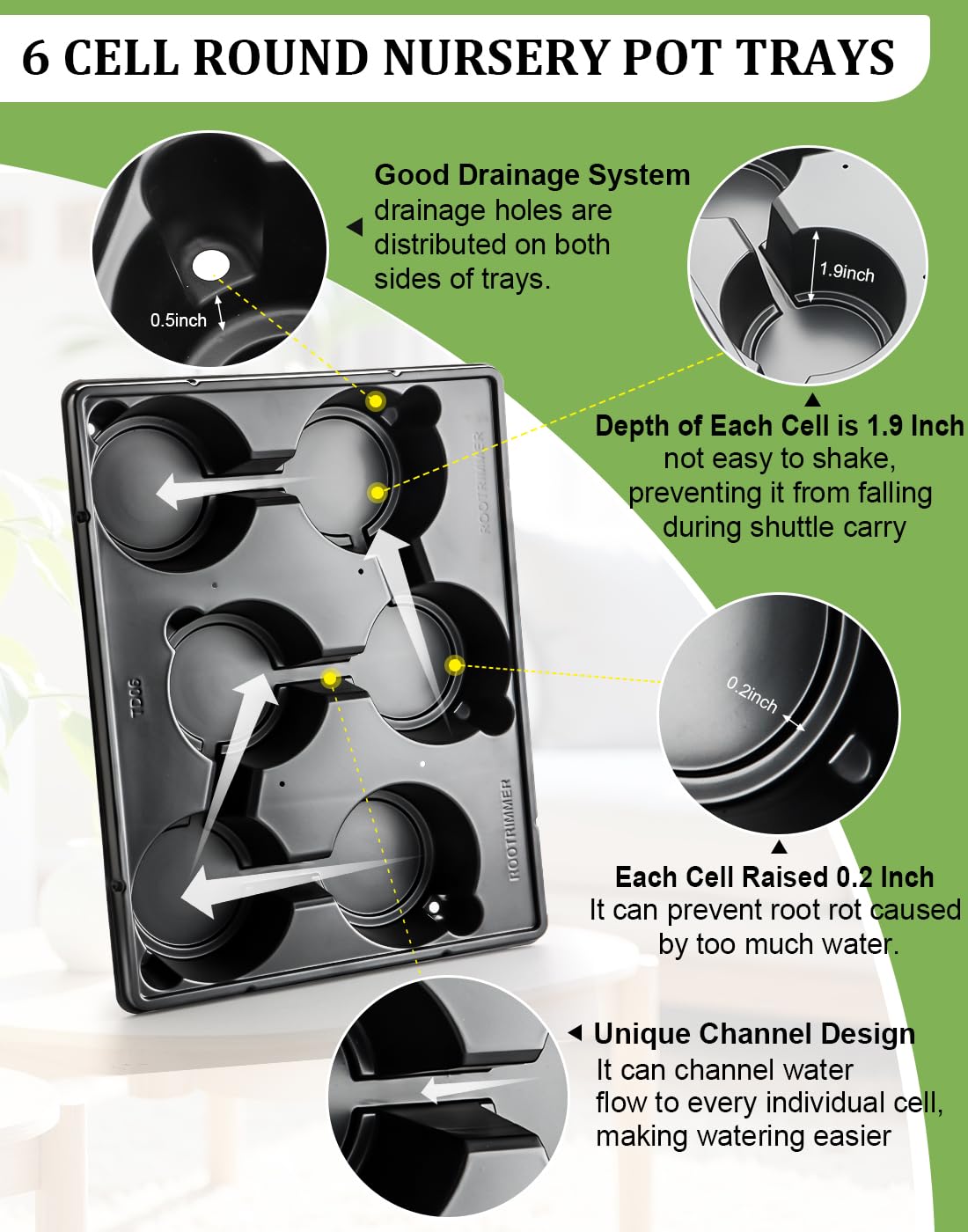RooTrimmer drainage holes maximize airflow and prevent root rot in seedlings.