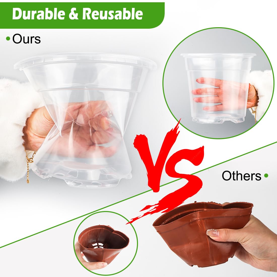 RooTrimmer durable PP plastic nursery pots are reusable for indoor or outdoor gardening.