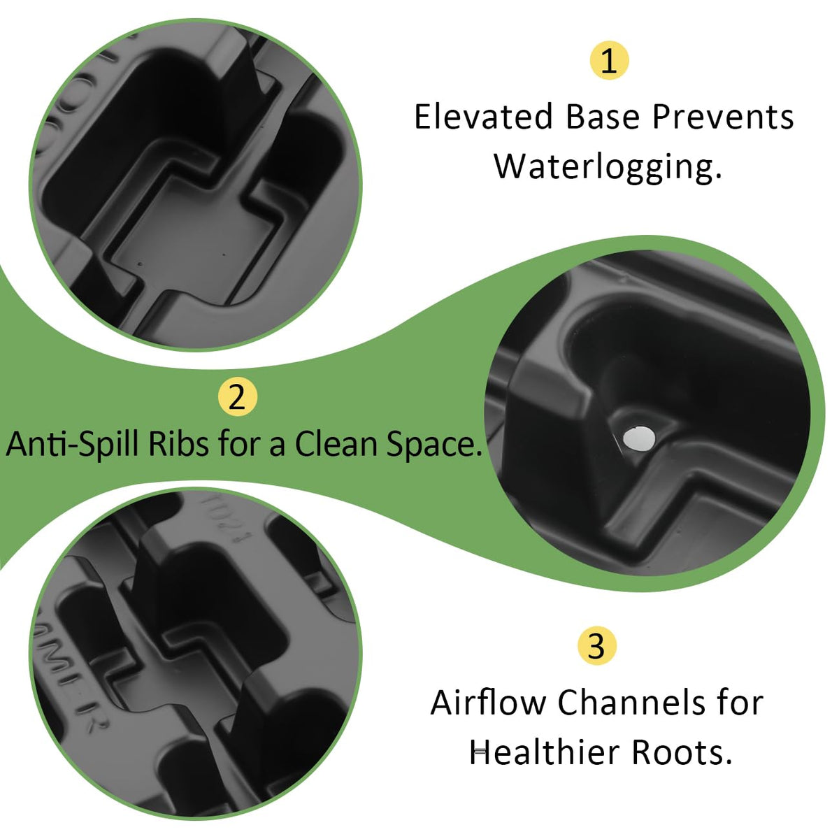 RooTrimmer elevated base trays provide stable, safe handling of pots.