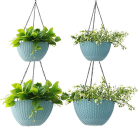 RooTrimmer hanging planters four-pack sky blue on railing for outdoor decor