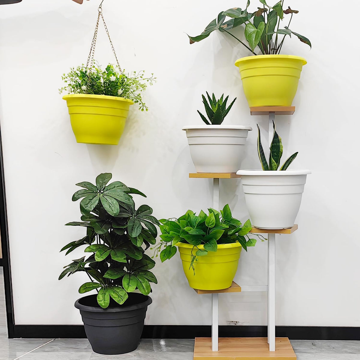 RooTrimmer Indoor-outdoor yellow planters, perfect for patios and home gardens.