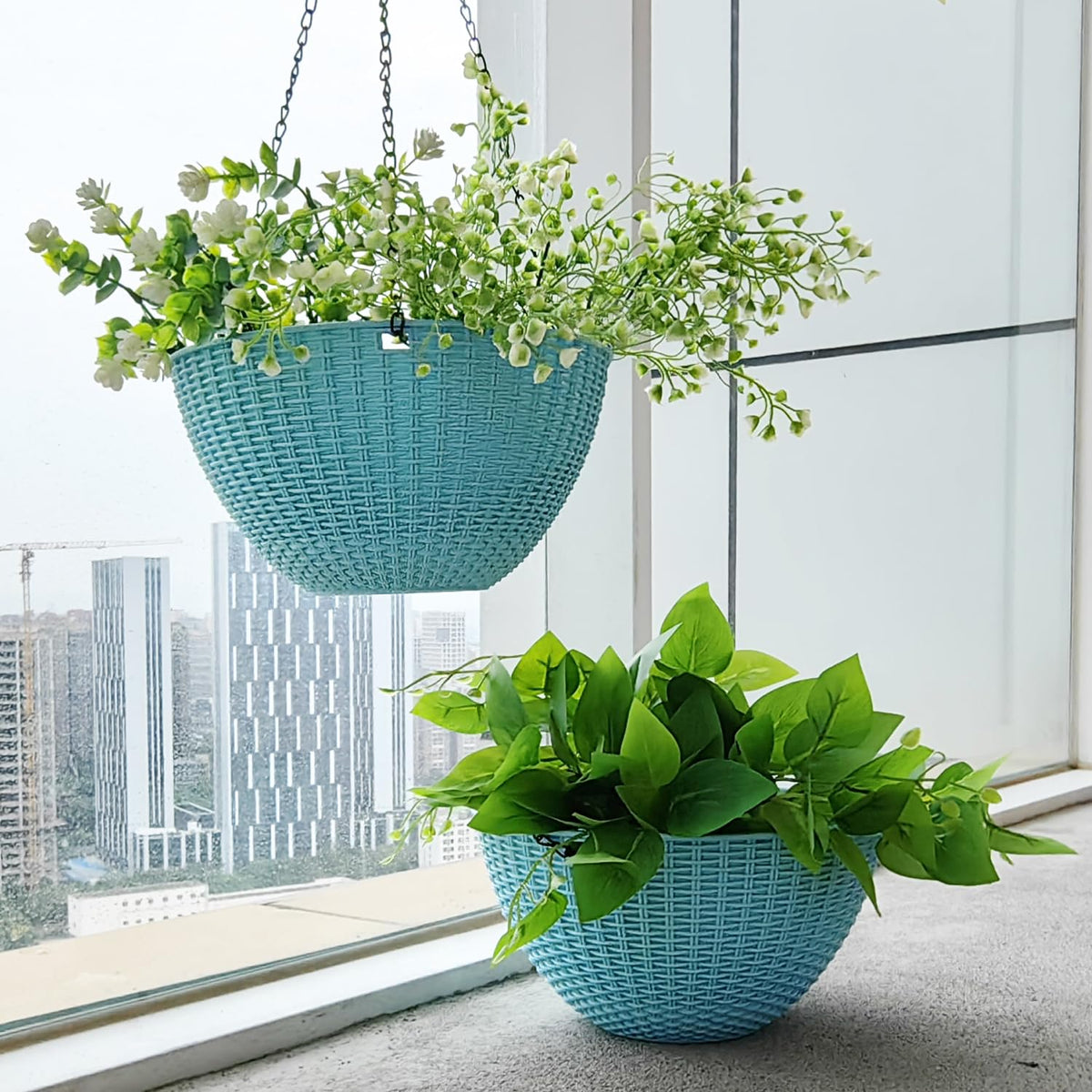 RooTrimmer porch decor setup with sky-blue hanging planters