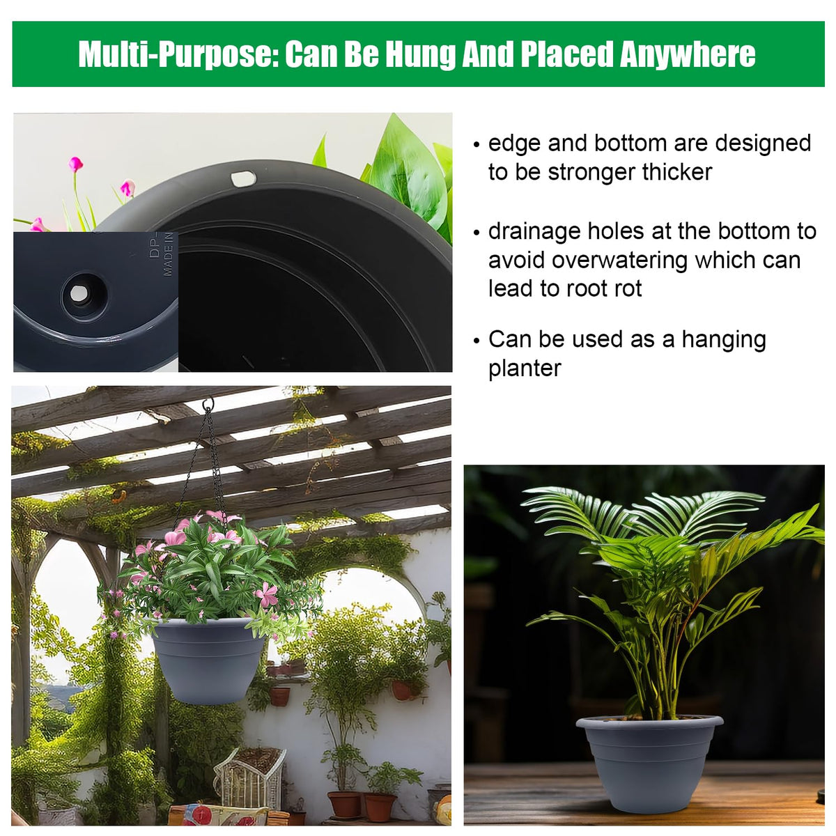 RooTrimmer reinforced-rim grey planter demonstrates durable construction for busy homes.