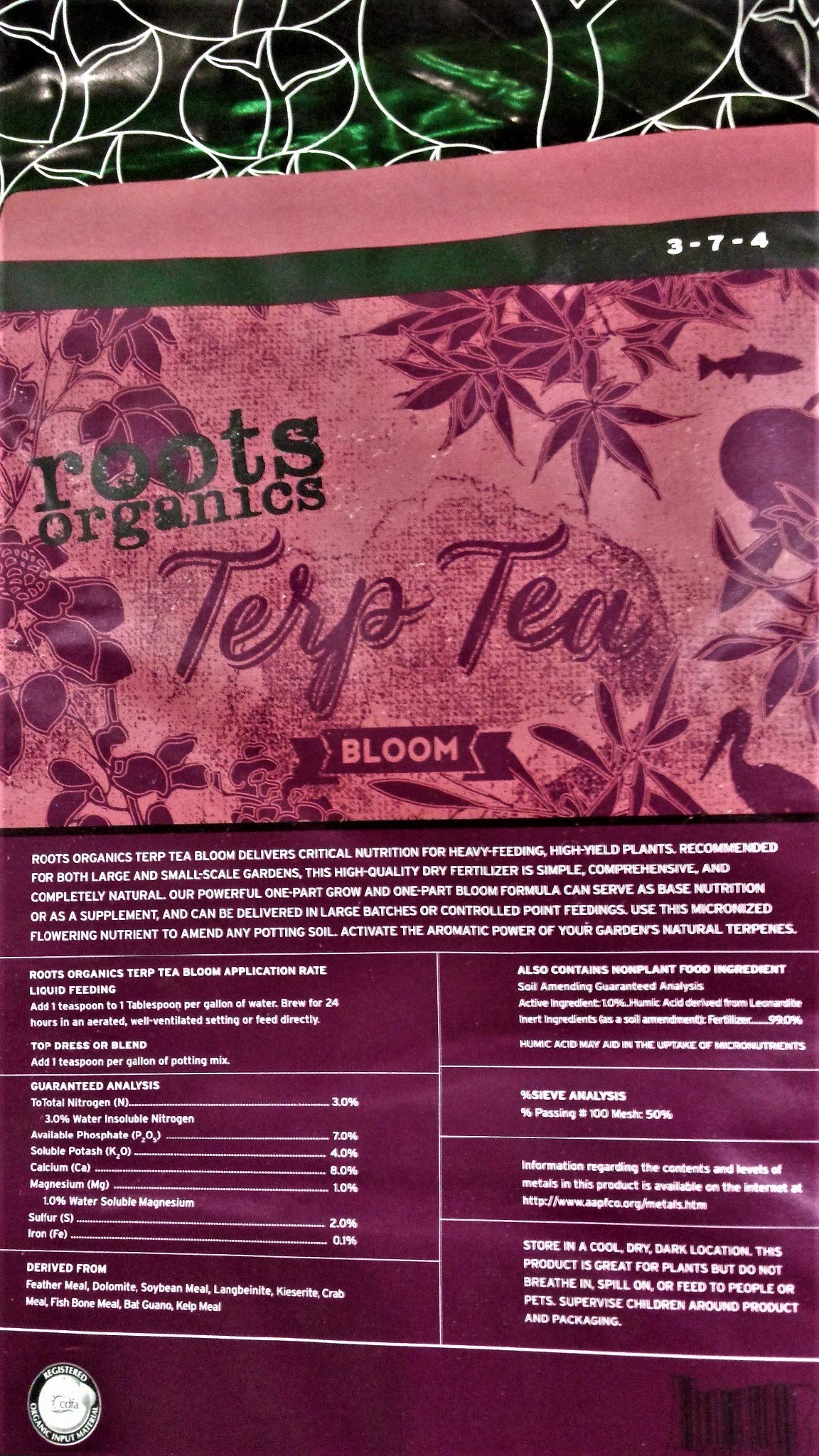 Roots Organics Terp Tea Bloom bag shown for flowering stage support and nutrient uptake.