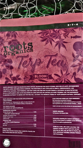Roots Organics Terp Tea Bloom bag shown for flowering stage support and nutrient uptake.