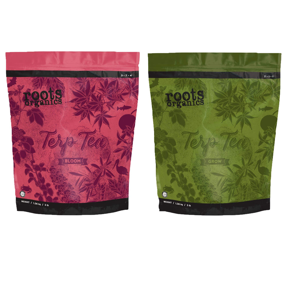Roots Organics Terp Tea Grow bag displayed for vigorous plant development and soil balance.
