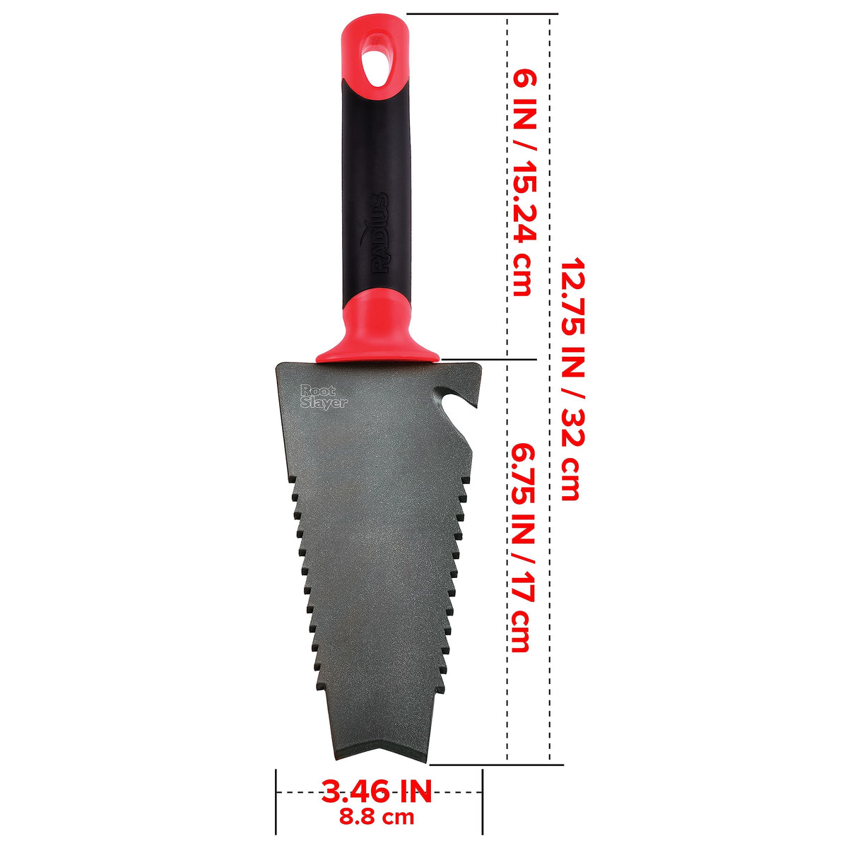 Root Slayer trowel cutting tip slices through tough soil effortlessly
