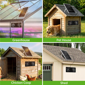 Ropelux solar fan in a dog house cooling a pet space.