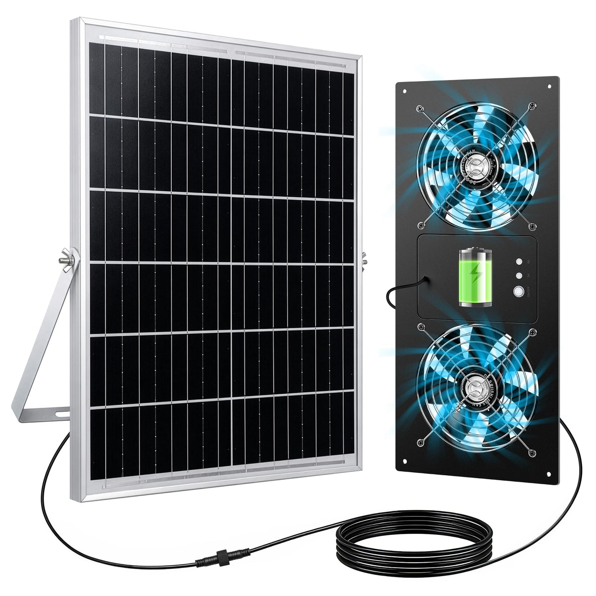 Ropelux solar fan in a chicken coop delivering a cool, fresh breeze.