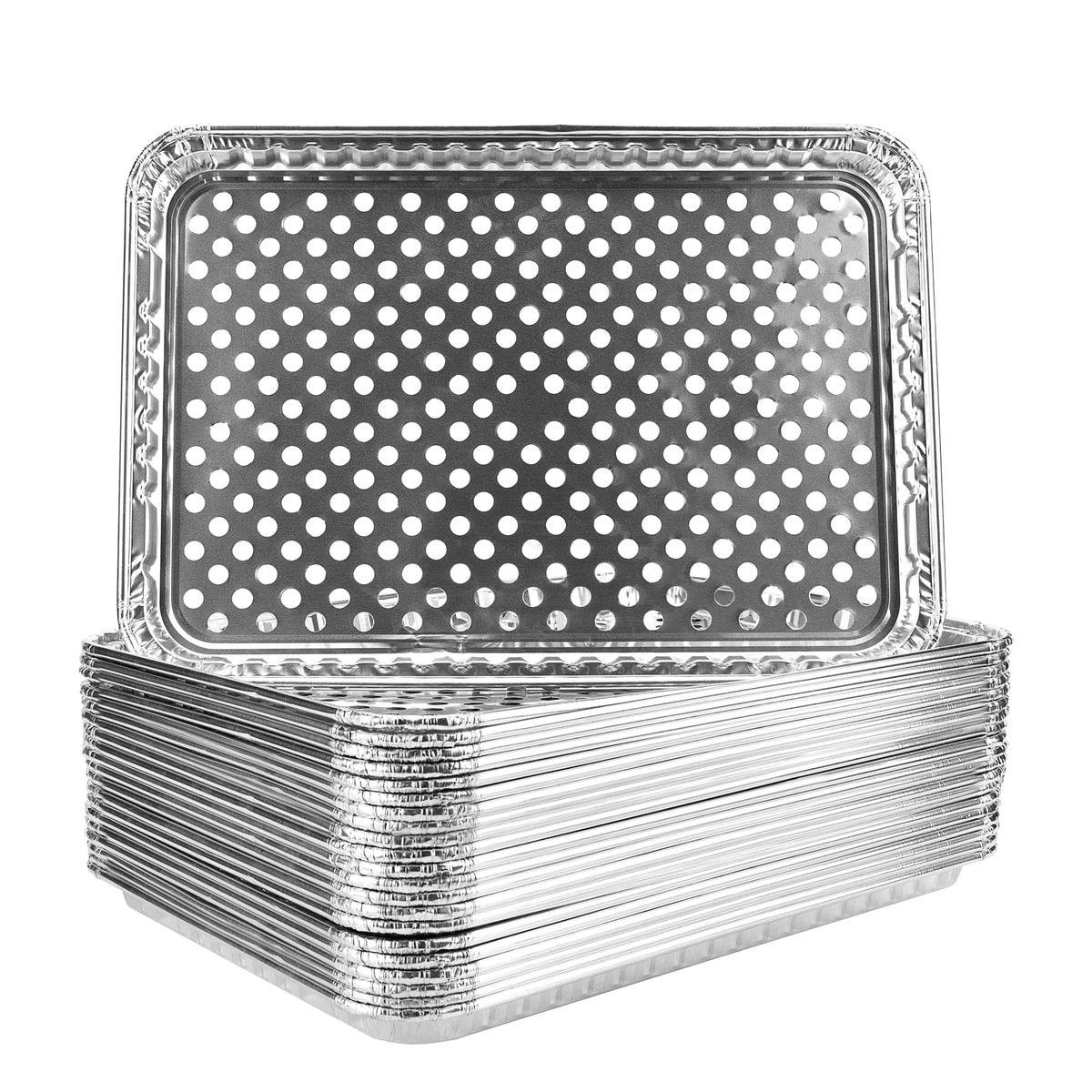 Roponan 15-pack disposable grill topper pans arranged on a charcoal grill for mess-free cooking.