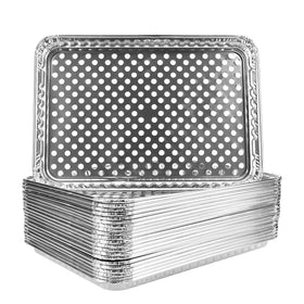 Roponan 15-pack disposable grill topper pans arranged on a charcoal grill for mess-free cooking.
