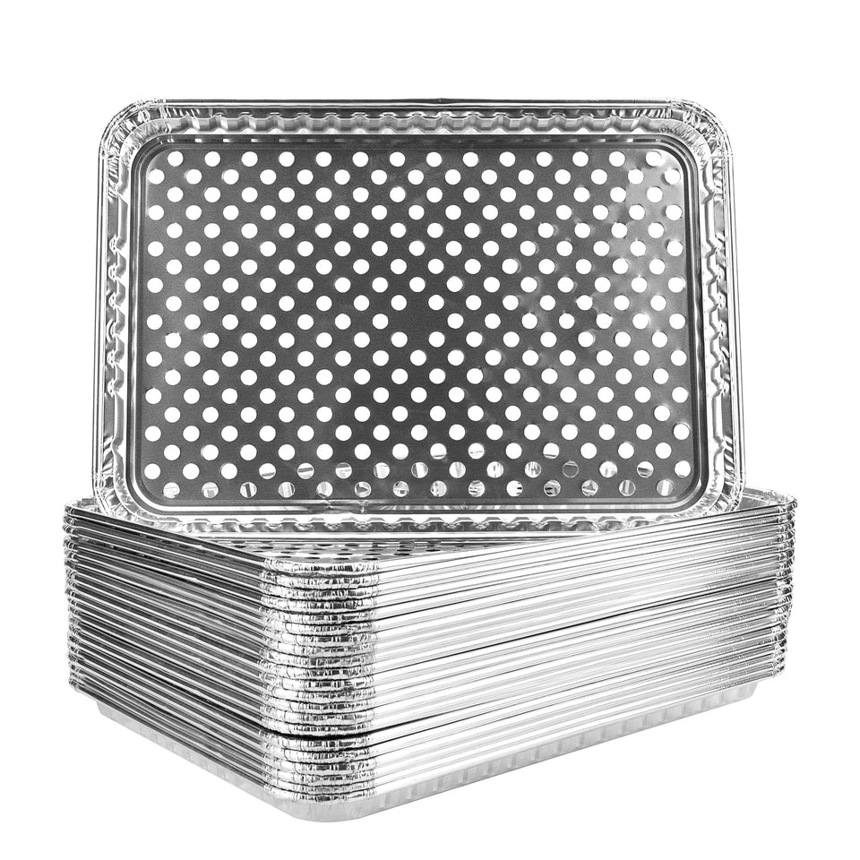Roponan 15-pack disposable grill topper pans arranged on a charcoal grill for mess-free cooking.