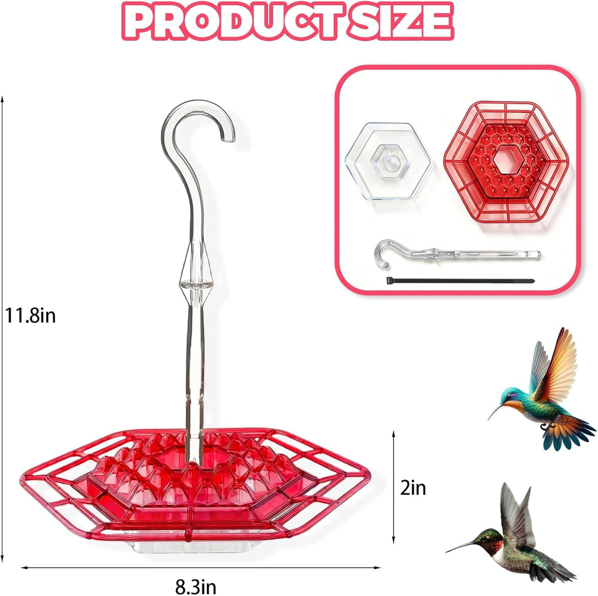 Roself hummingbird feeder close-up shows 30 ports for ample feeding.